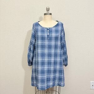 MATCH POINT Tunic Top Blue Plaid Popover Henley Preshrunk 90s Retro